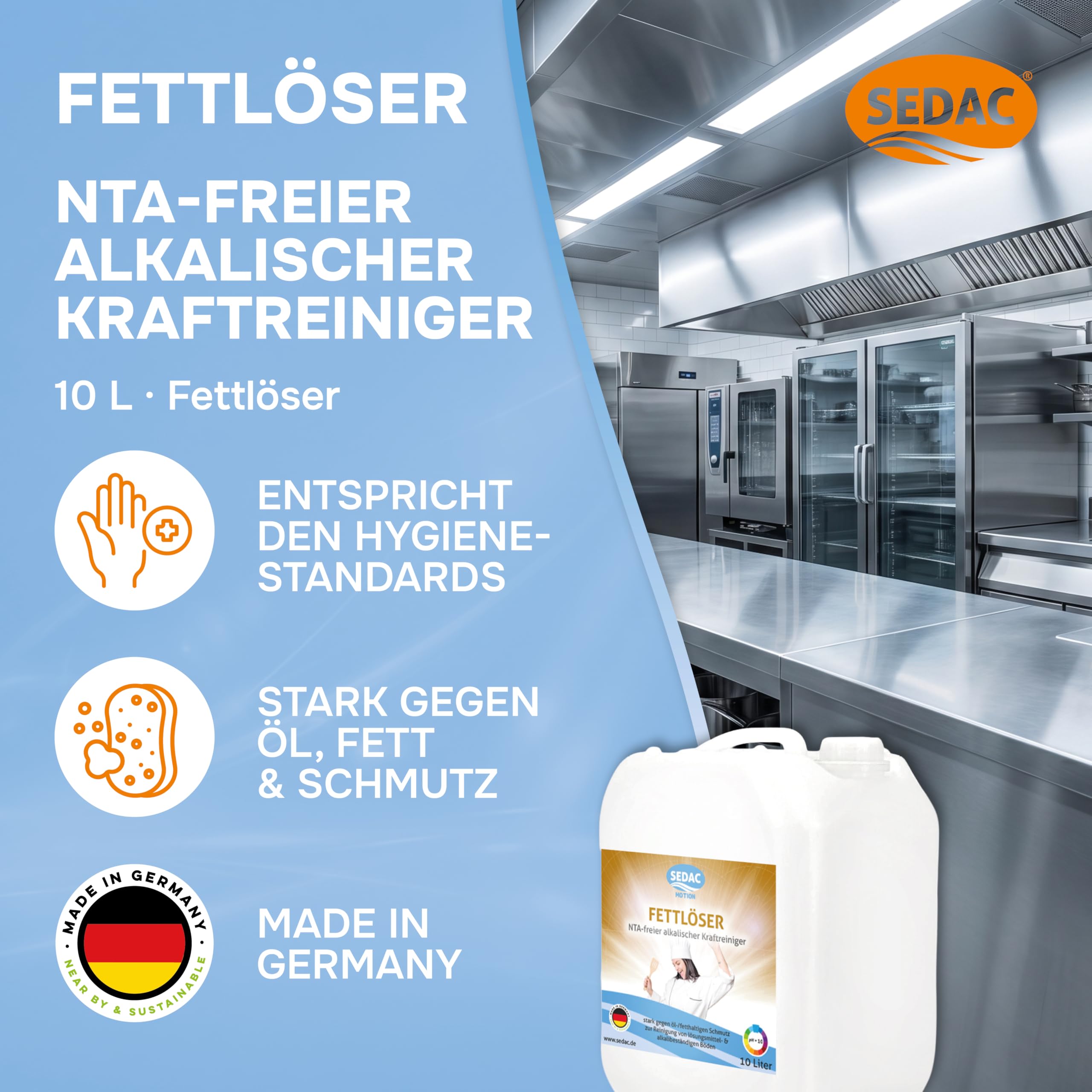 Motion Fettlöser 10L, Küchenreiniger, Entfetter für Gastro, Großküche | Backofenreiniger, Grillreiniger, Ofenreiniger & alkalischer Kraftreiniger für Edelstahl, Metall & Böden, NTA-frei