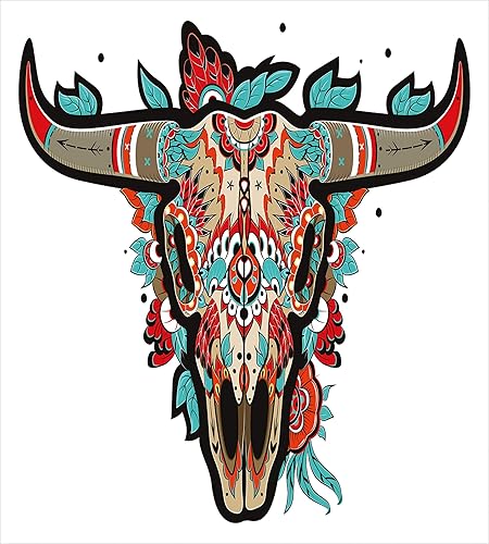 Miniatura 2 de Ambesonne Juego de funda de edredón occidental, diseño colorido de calavera mexicana de azúcar de búfalo, trofeo de animales con cuernos, juego de