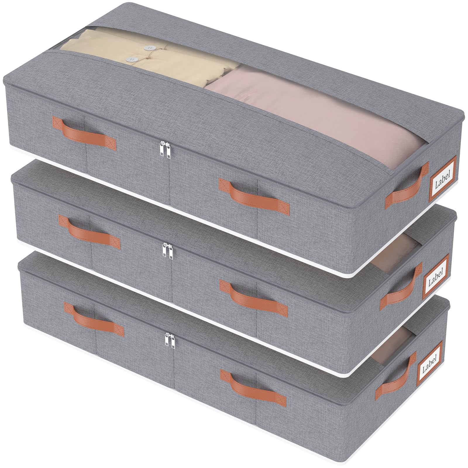 Yawinhe 48L Bolsas para Guardar Ropa Bajo la Cama,Gris,3 Piezas | Bolsa de Almacenamiento Debajo de la Cama,Caja de Almacenaje con Ventanas y Ranuras para Tarjetas Transparentes