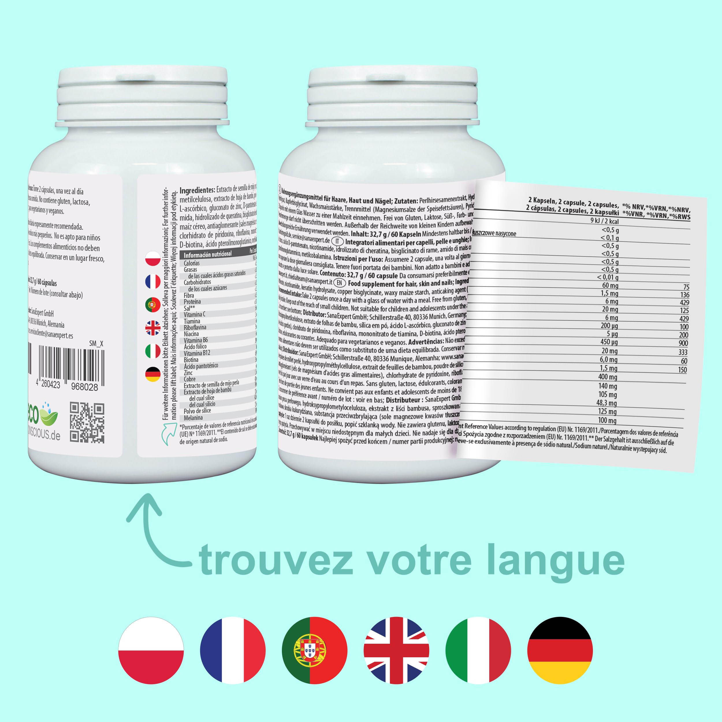 SanaExpert® Haar Forte Gold | Suplemento Capilar Vegano para Fortalecer el Cabello | Pastillas con Vitaminas, Bambú, Melanina, Biotina y Zinc | 60 Cápsulas | Fabricado en Alemania (Paquete de 2)