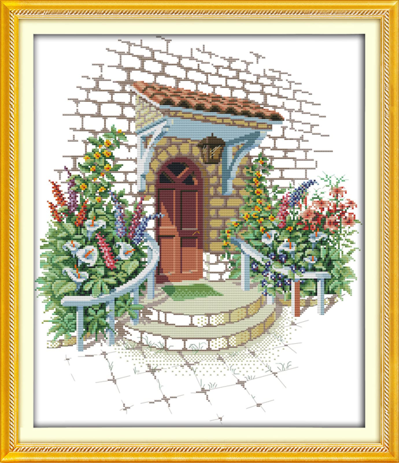 Lbwyyjilfiixpnf Cross Stitch Kits Stamped For Adults Beginner Kids, Flowers In Front Of The Door, 11Ct Diy Embroidery Needlework With Easy Funny Preprinted Patterns Needlepoint Kit 16 * 20 Inche