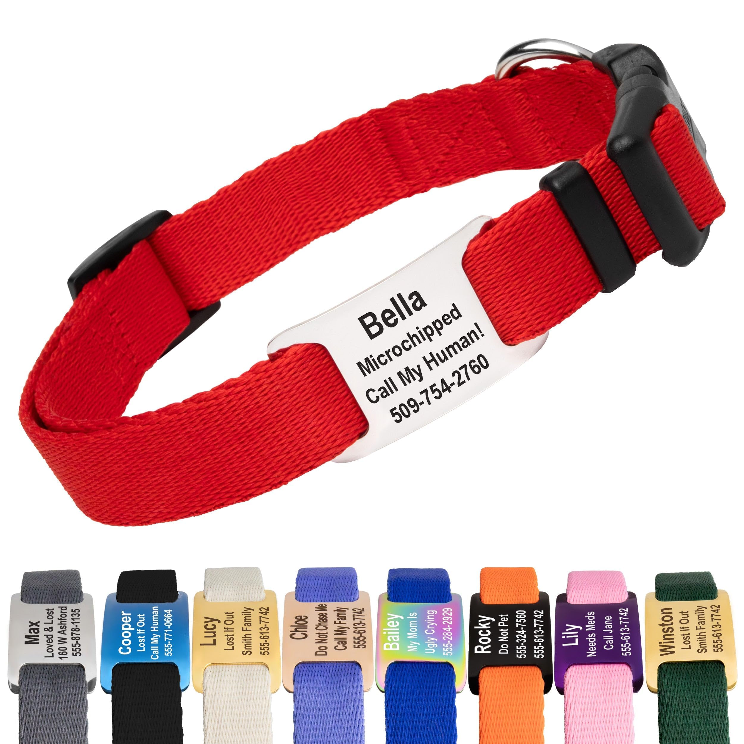 GoTags Personalized Dog Collar with Nameplate, Adjustable Dog Collar with Custom Engraved Steel Slide On Pet ID Tag, Silent, No Noise Dog Tag 66 Color