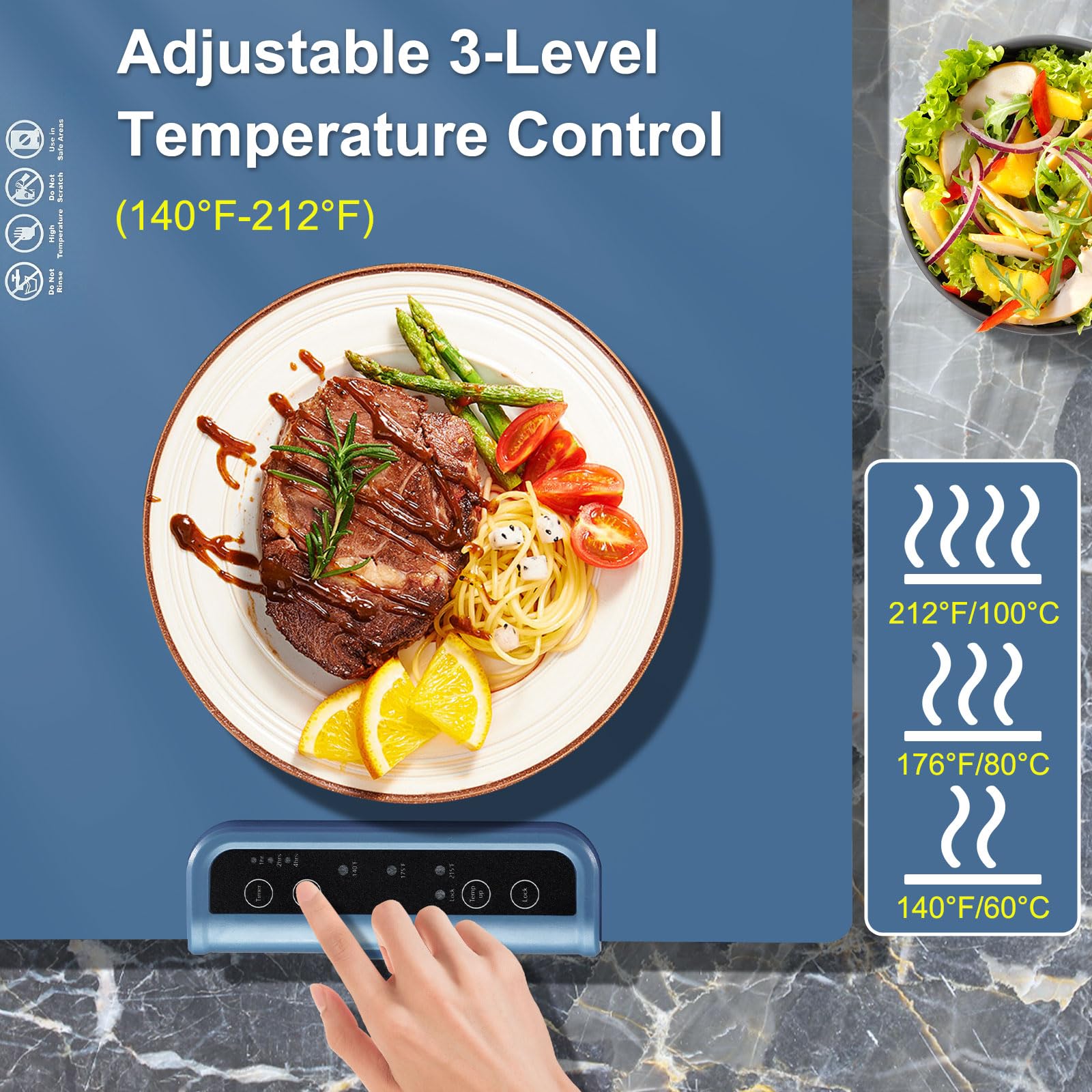 Warming Mat for Food, Full Surface Heating Electric Warming Tray for food, 3-Temperature Settings Portable Food Warming Mat, Auto Shut-Off Rollable Warming Trays for Buffets Party, Gatherings Blue