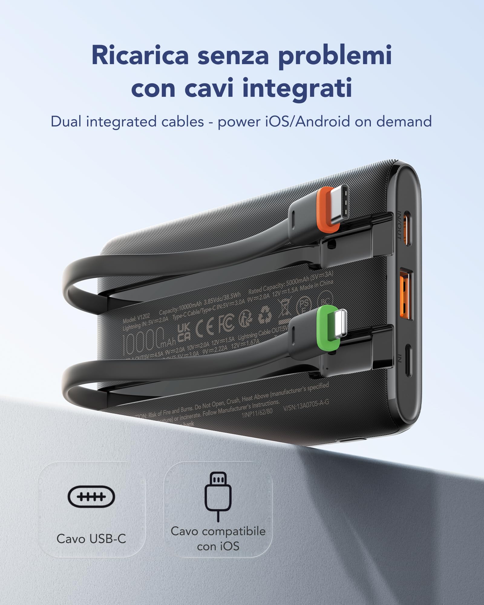 VEGER 10000mAh Power Bank 22.5W Ricarica Rapida USB C LED Display 4 Uscite 3 Ingressi Compatibile iPhone Huawei Xiaomi