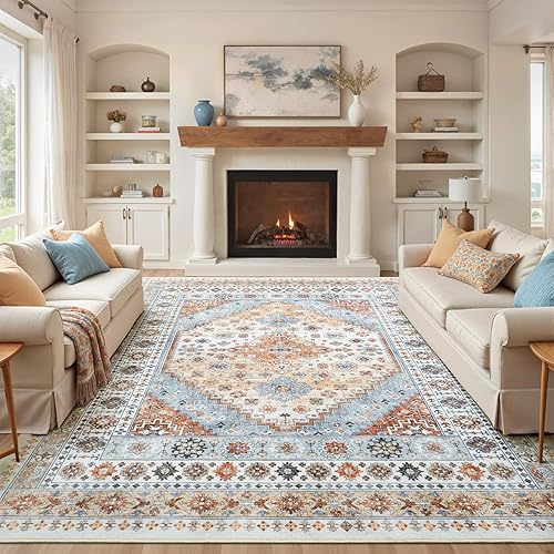 8x10 Area Rugs for Living Room, Washable Large Area Rug, Vintage Carpet, Non Slip Backing & Stain Resistant Carpets for Bedroom Dining Indoor Nursery Home, Orange/Light Blue