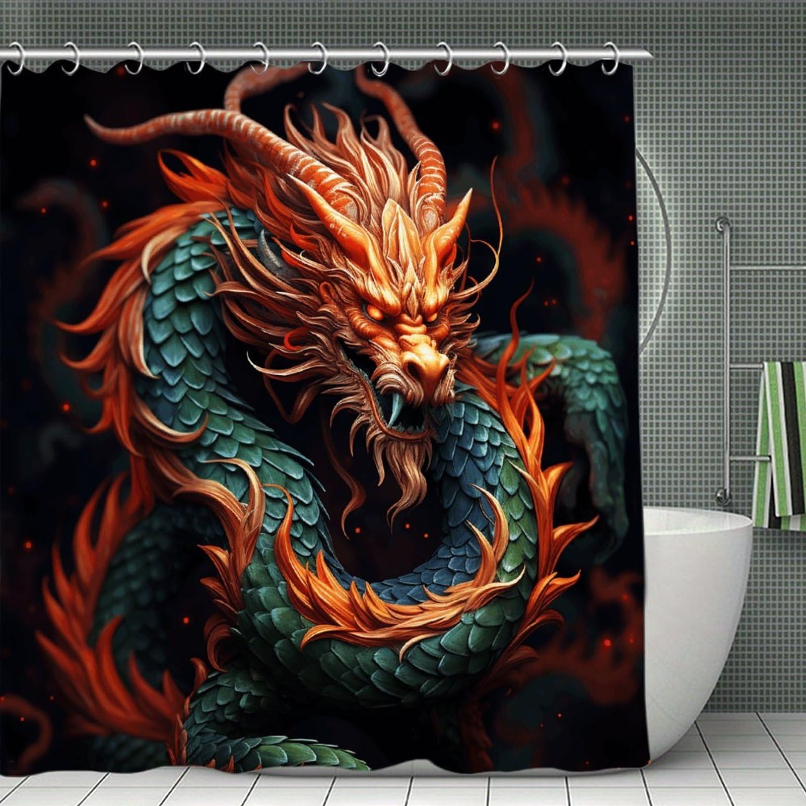 VstaDank Chinese Dragon Bath Curtain Elegant Heavy Duty Shower Curtains 70x70 in Rustic Farmhouse Cloth Shower Curtains Neutral Modern Bath Curtain for Bathroom