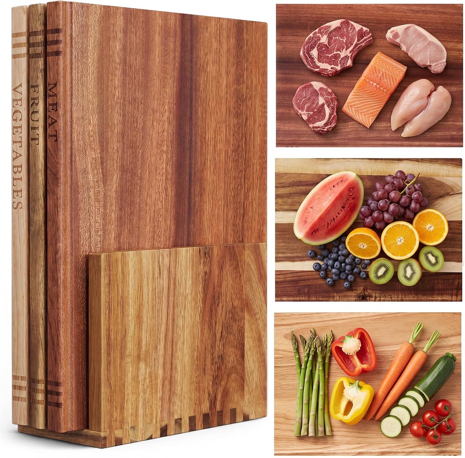 3 Pcs Acacia, Wenge & Rubberwood Chopping Wood Book Cutting Boards Set with Wooden Bookend Holder Book Shaped Solid Wood Cutting Board for Kitchen Fruits Vegetables Meat Fish Cheese Bread