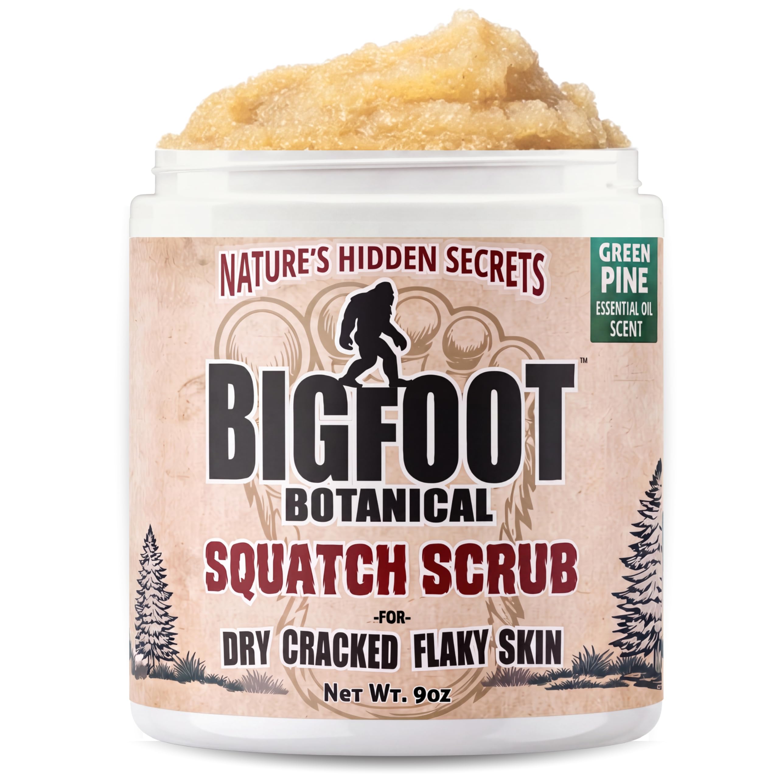 Squatch Scrub - Moisturizing Thick Sugar Exfoliant to repair Dry Cracked Flaky Skin on Hands Feet Elbows Knees - Shea Butter, Avocado & Sunflower Oil - Scented Pine Essential Oil