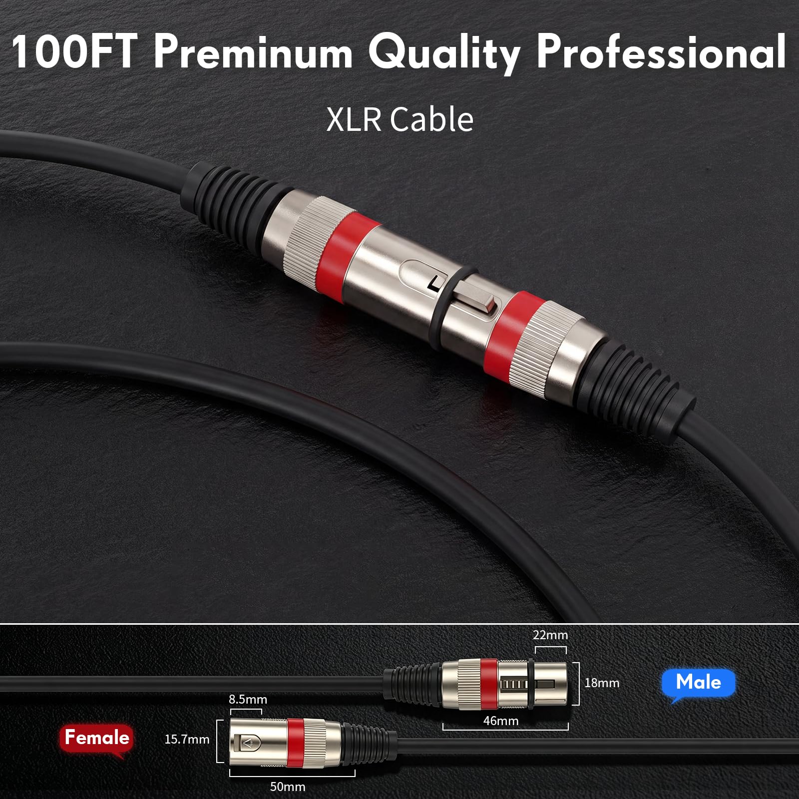 XLR-Kabel, strapazierfähig, symmetrisches Mikrofonkabel mit 3-poligem Stecker auf Buchse, Mikrofonkabel, XLR-Mikrofonkabel für Studio-Monitor, Mixer, DMX, Lautsprechersysteme, Schwarz, Rot