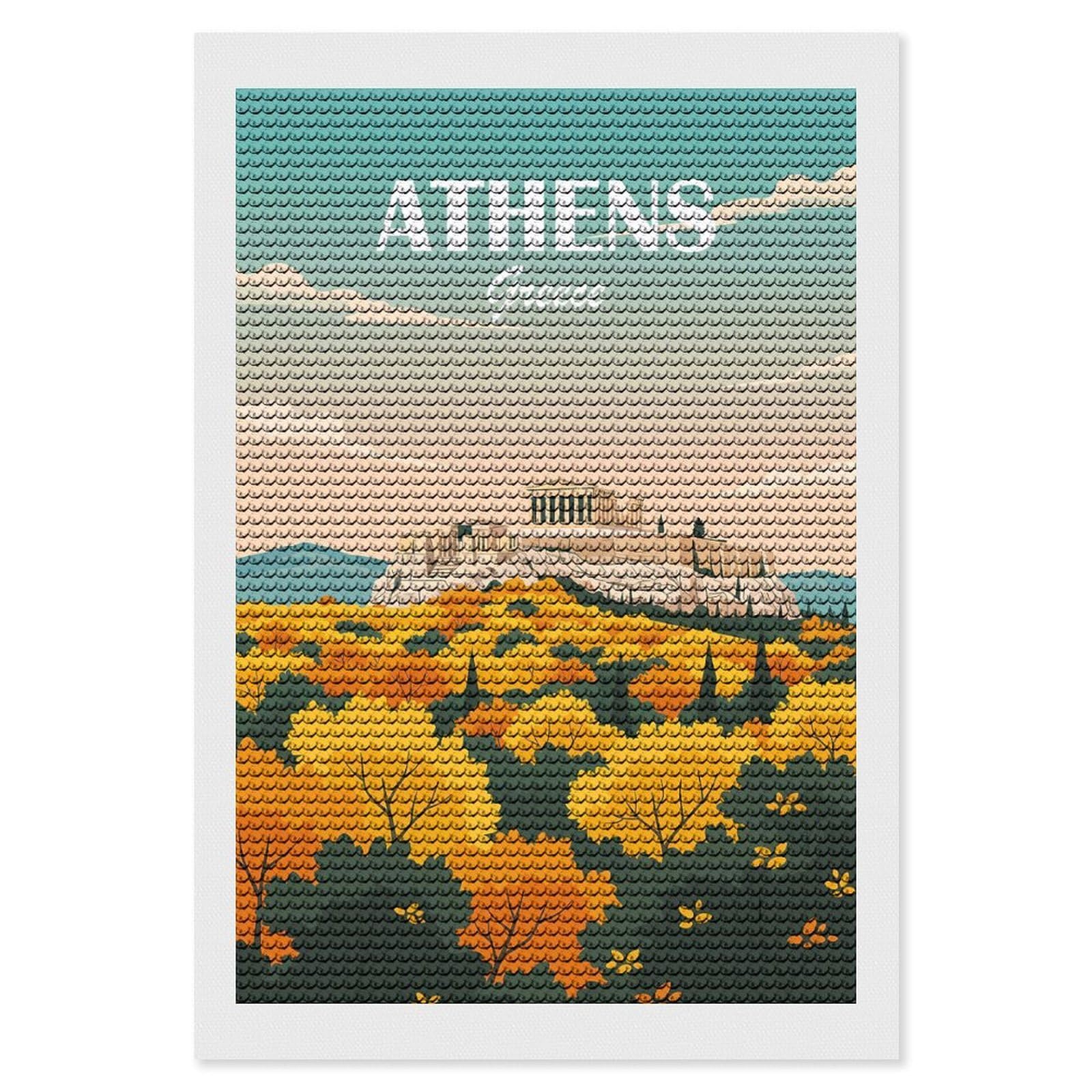 Junmoney Athens Greece DIY Diamond Art Canvas Kit 8"x12", Complete Accessories, Creative Leisure Activity, Home Wall Decor, Gift Idea