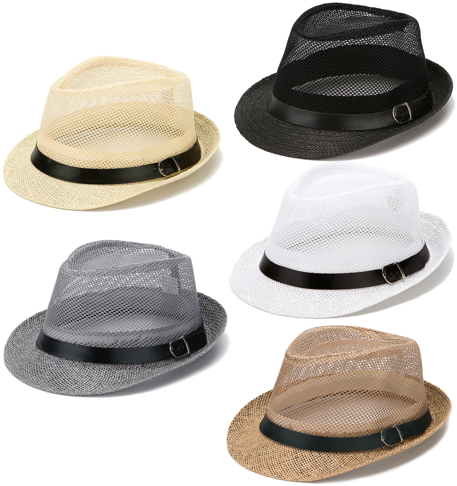 Gionforsy 5 Pack Mens Fedora Hat Classic 1920s Hat Short Brim Fedora Hats Summer Beach Panama Hat for Men Women (US, Alpha, Medium, 5pack-mesh Style Mixed Color)
