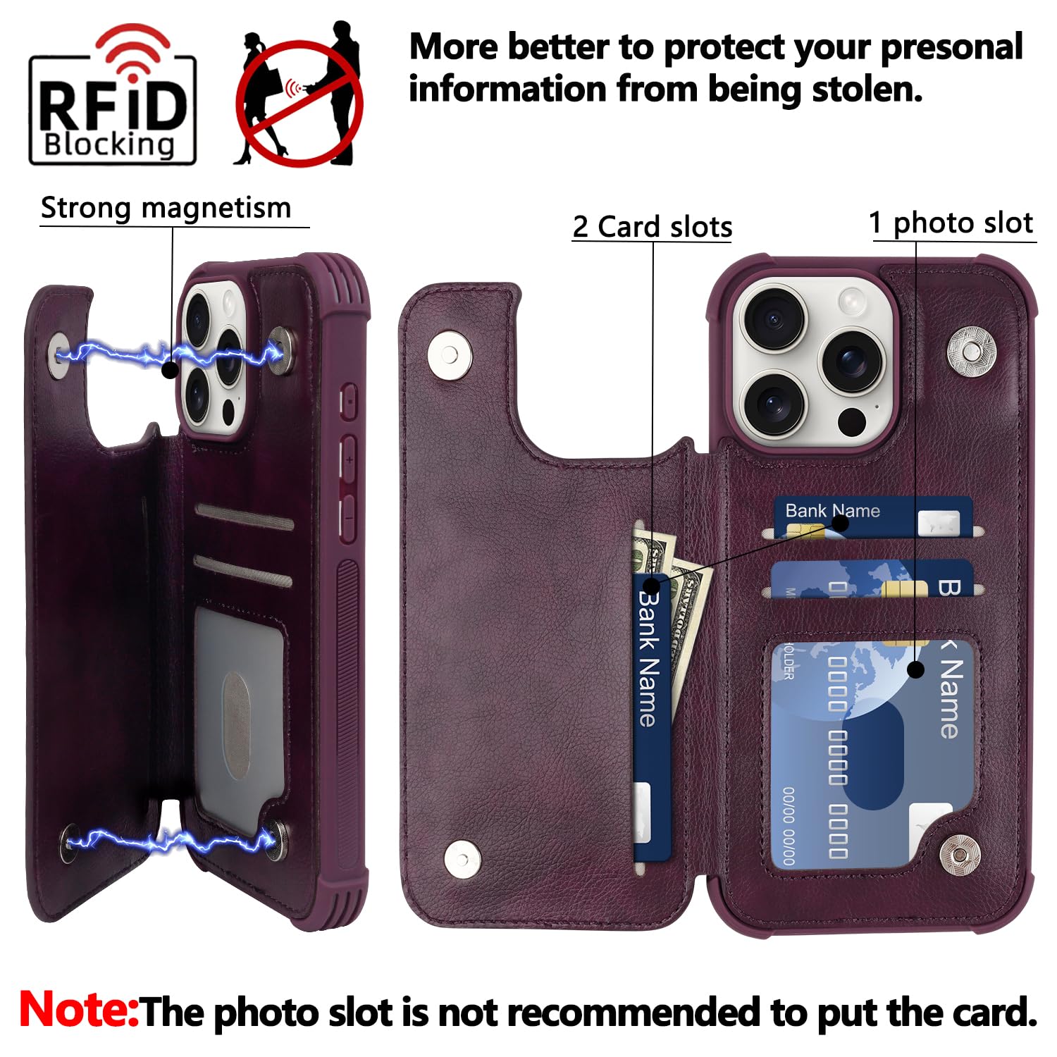 VANAVAGY Compatible for iPhone 16 Pro Max Wallet Casewith Credit Card Holder,Rfid Leather Flip Folio Phone Cover Fits Magnetic Car Mount & Stand with Screen Camera Protector,Purple - Image 3