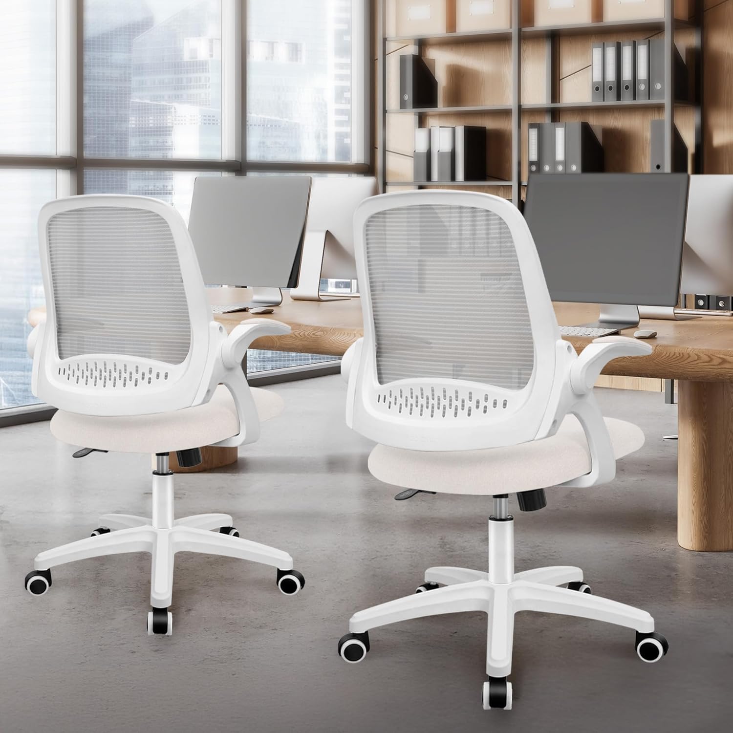NEO Chair Office Desk Computer Gaming Ergonomic Chair with Lumbar Back Support Adjustable Height Swivel Wheels Flip-up Arms Mesh Chair for Home or Office (Ivory)