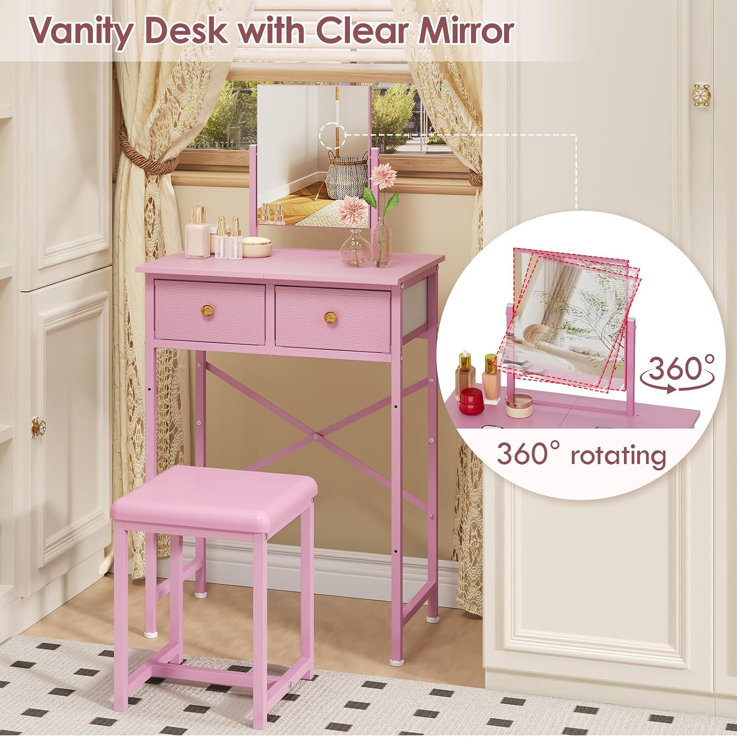 X-cosrack Small Pink Makeup Vanity Desk Set with Mirror & Chair image 4