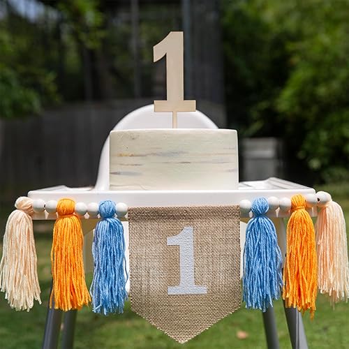 Miniatura 4 de Lintran Cartel de arpillera para el primer cumpleaños, guirnalda bohemia para silla alta, pancarta rectangular de yute blanco