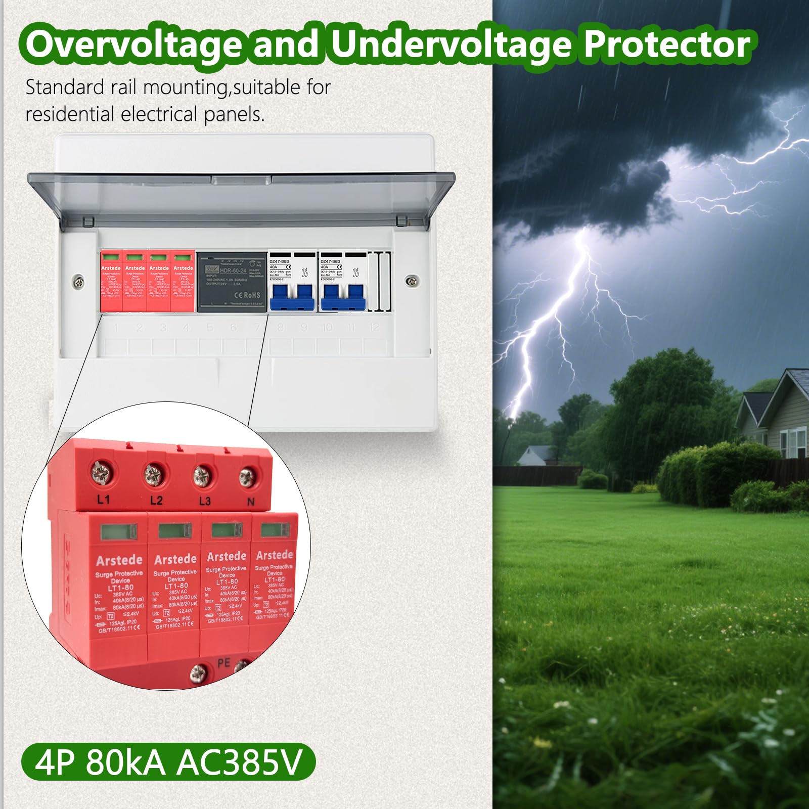 Scaricatore di Sovratensione,4P Dispositivo di Protezione Contro le Sovratensioni da Fulmini 385V CA 40kA Scaricatore di Sovratensione su Guida DIN per Protezione Contro i Tuoni