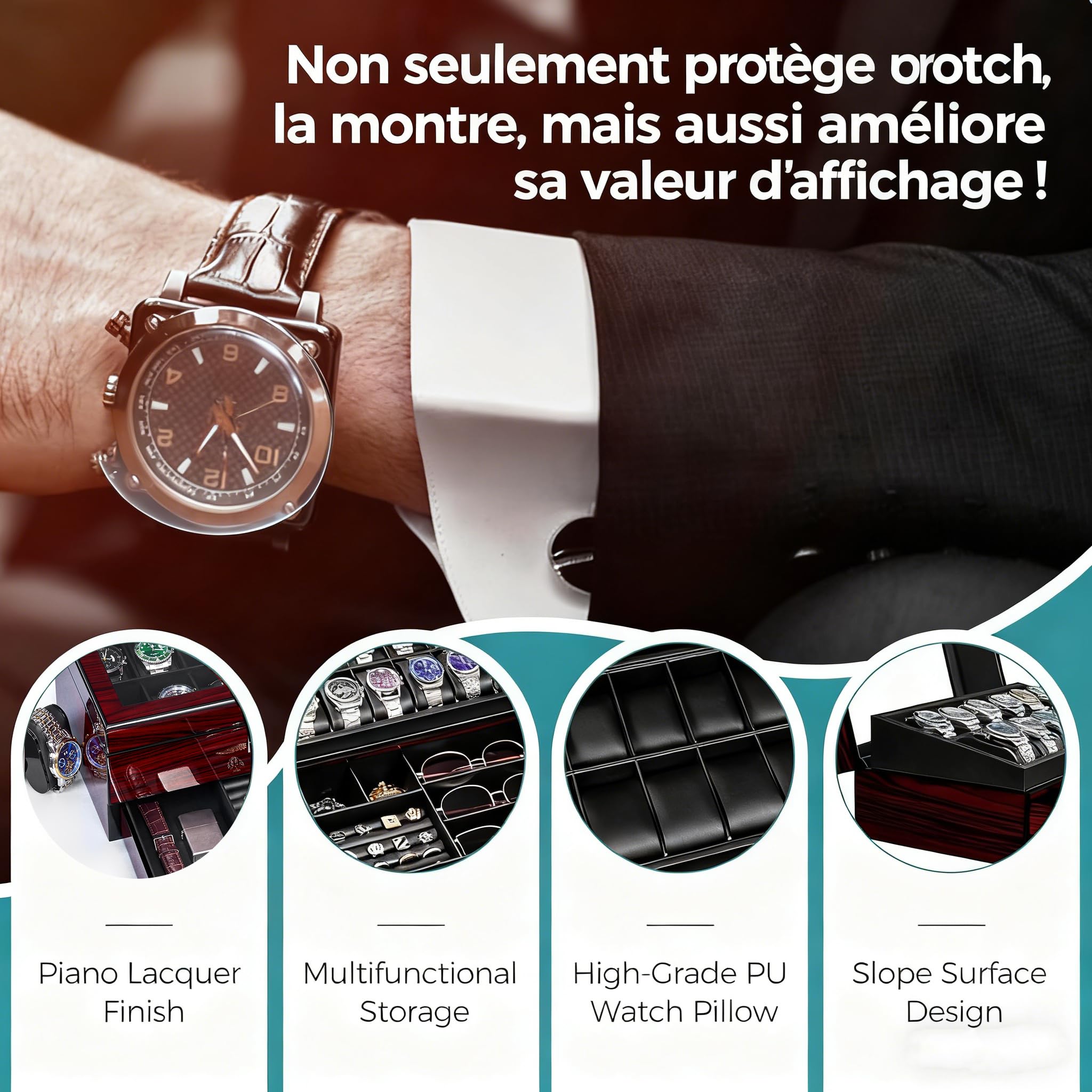 ANWBROAD Boite a Montre Homme 12 Emplacements Couches de Peinture avec Couvercle en Verre Boite a Bijoux Homme Coffret Doublure en Similicuir Cadeaux Luxueux pour Hommes et Femmes JWB005Y