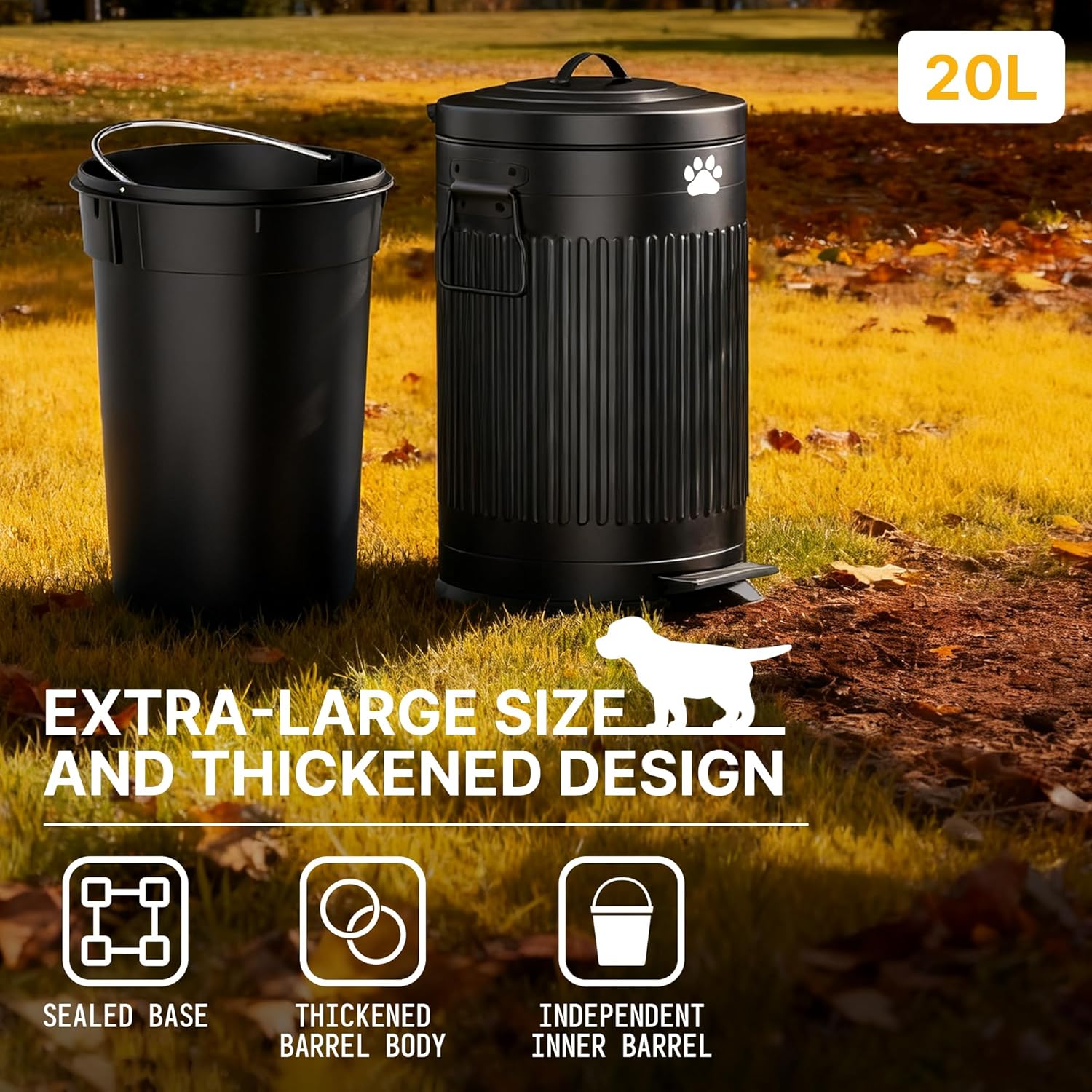 dog poop trash can outside, 20l/5gal metal outdoor trash can with lid, foot pedal, dog waste container with 20 bags, pet poop bucket with soft close for backyard odor control, round black 20l round black