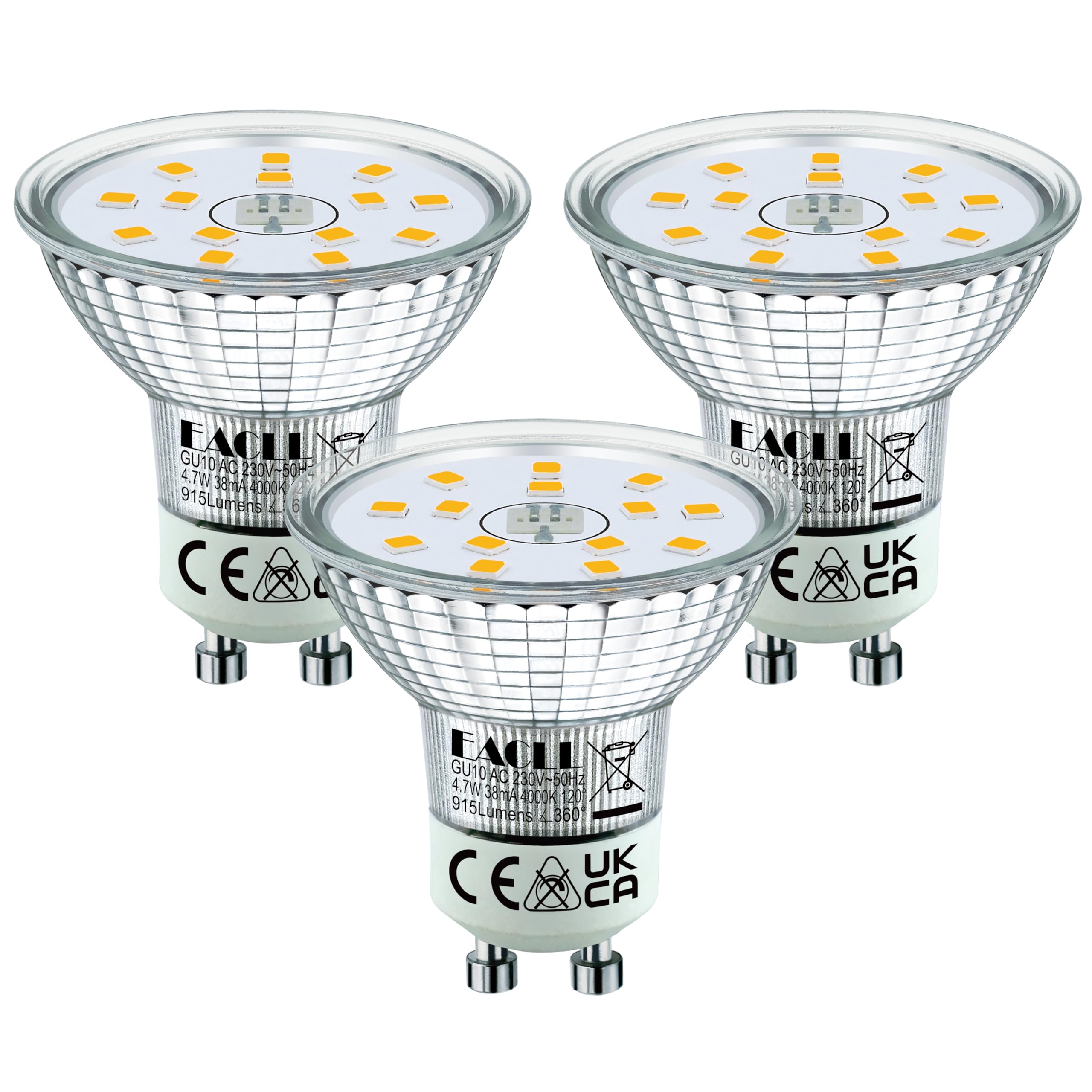EACLL Klasse B Hocheffiziente GU10 LED Lampen, 3er-Pack, 915 Lumen 4000K Neutralweiss 4,7W Ersetzt 120W Halogen Leuchtmittel, Flimmerfrei, Abstrahlwinkel 120°, Nicht Dimmbar Ø50xH53mm Reflektorlampen