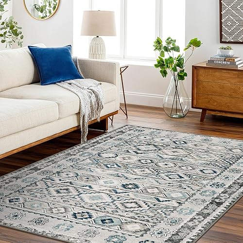 Miniatura 4 de Wonnitar Alfombra bohemia de 5 x 7 pies, lavable, color gris, para sala de estar, tapete grande con diseño de enrejado marroquí para dormitorio,