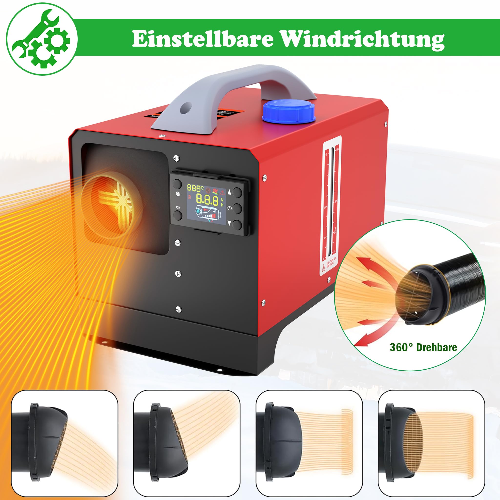 SUBTLETY 12V Diesel Standheizung 8kW Air Dieselheizung 0.18-0.48 L/h Horizontal Diesel Lufterhitzer mit Fernsteuerung LCD Monitor und Schalldämpfer für Auto LKW RV Wohnmobil Boote Bus (Rot, Typ C)