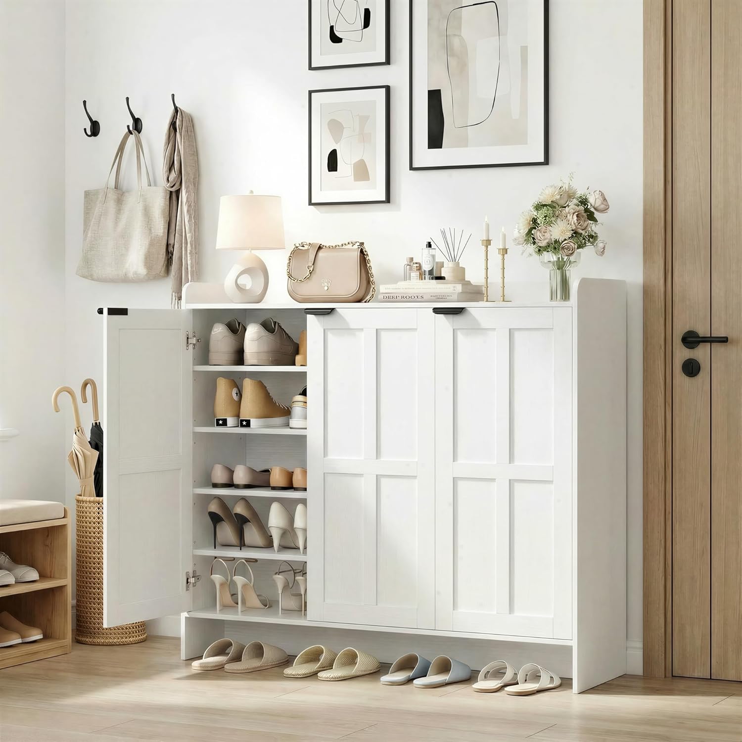 FACBOTALL Shoe Storage Cabinet for Entryway, Farmhouse Shoe Cabinet with 4 Adjustable Shelves and 3 Doors,Shoe Organizer Cabinet, Hidden Shoe Rack for Front Door Entrance, Hallway, Living Room, White