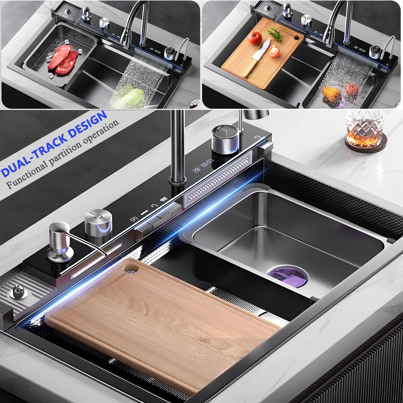 Fregadero de cocina en cascada de 68 x 45 cm, 1 cubeta de acero inoxidable negro antracita, fregadero de cocina con grifo integrado, pantalla de visualización digital, cesta de desagüe, cubeta de