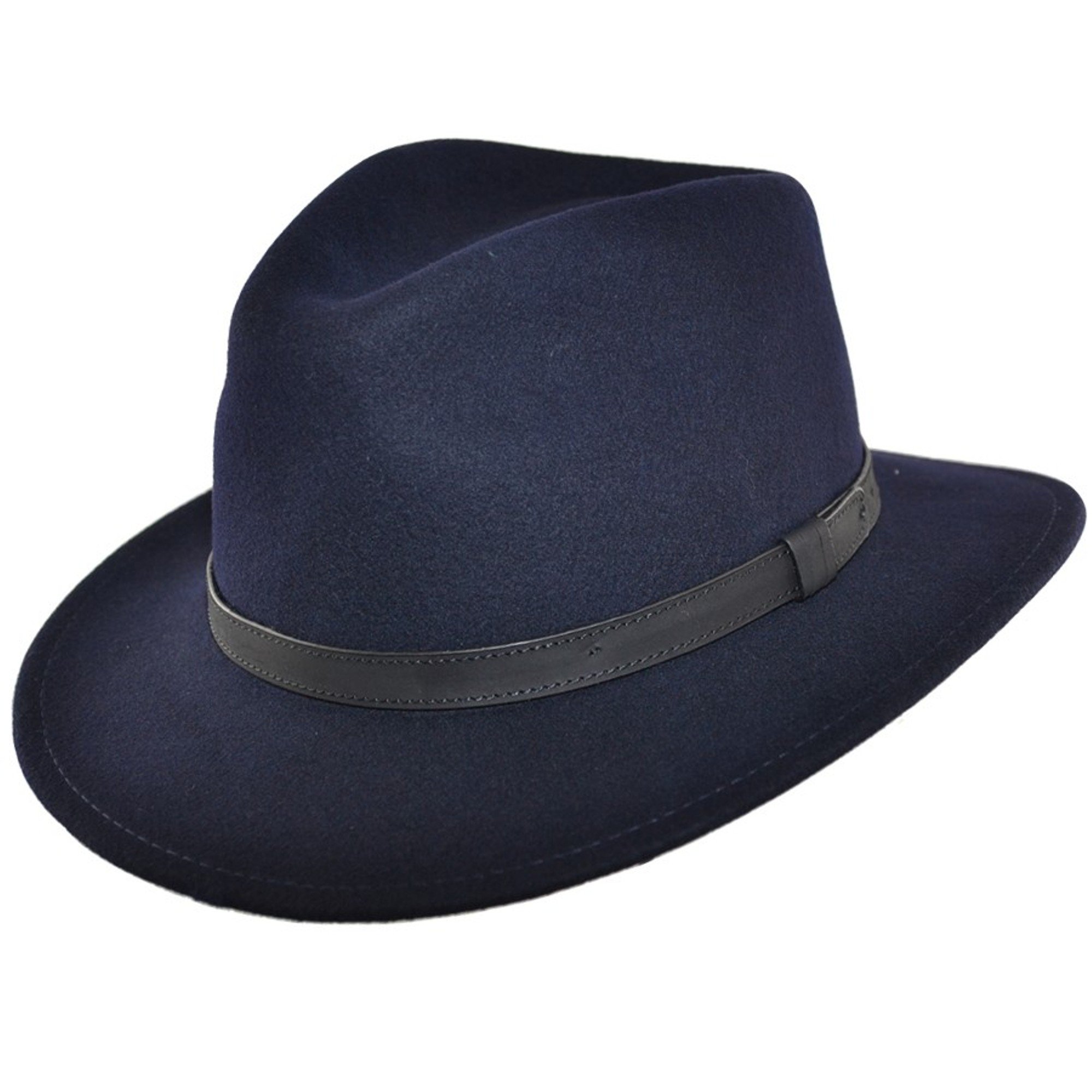 Crushable Hand Made Fedora Trilby Hat with Leather Type Band 100% Wool (XLarge(61), Navy)