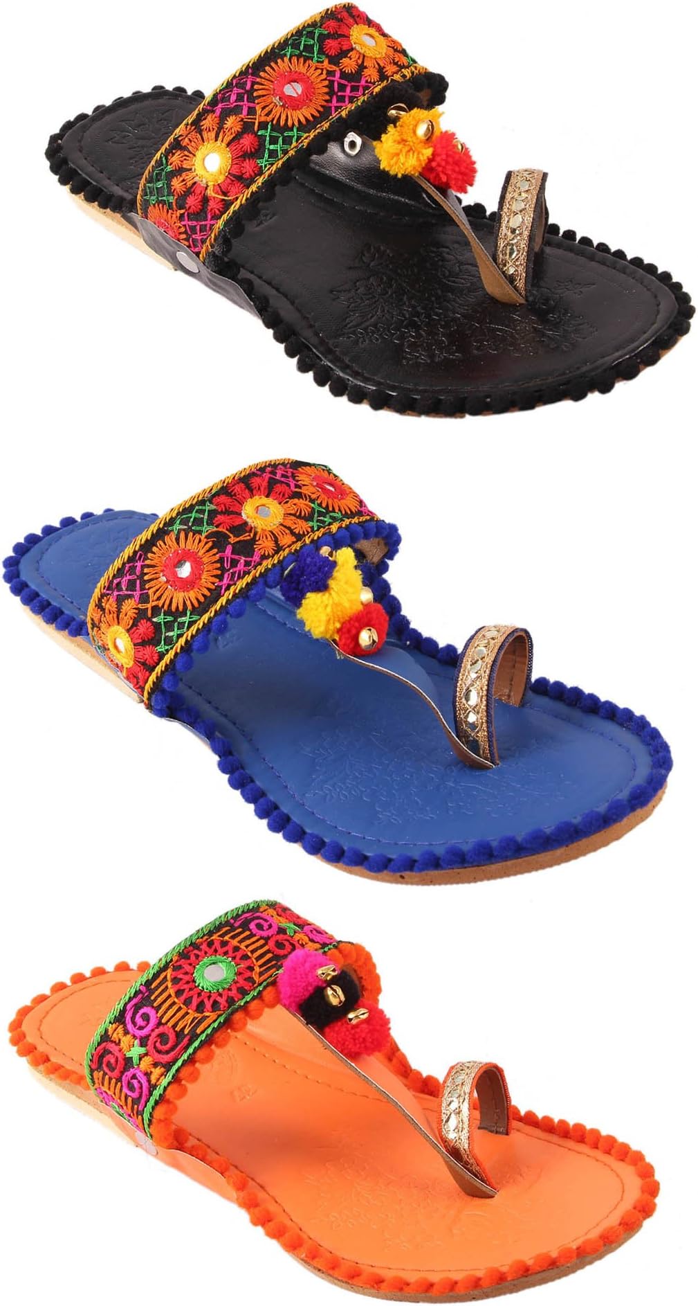 SHREE OL Women's PVC Rajasthani Jaipuri Work Kolhapuri Slippers Flip Flop Combo of 3 (Multicolour)