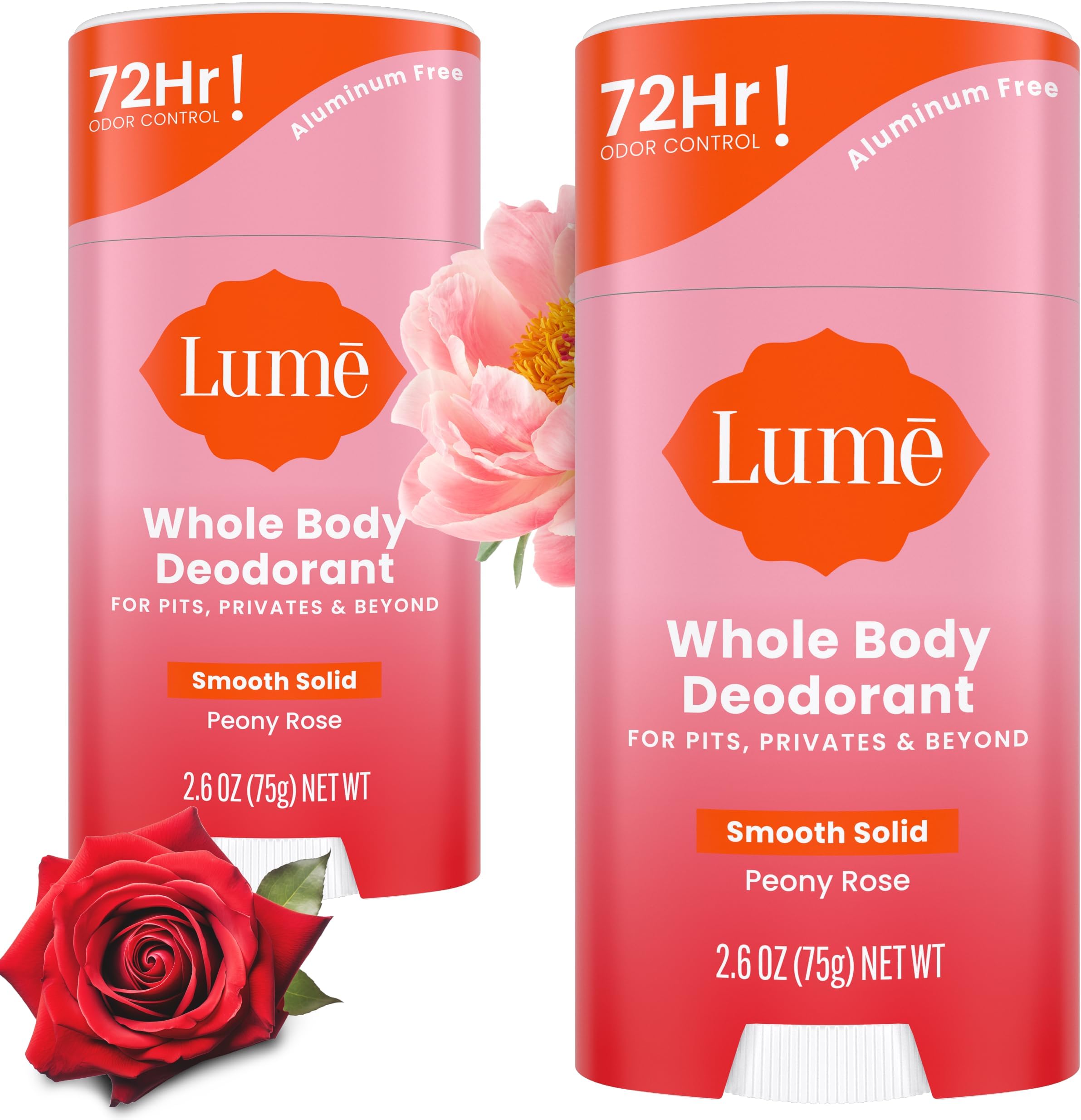 Whole Body Deodorant - Smooth Solid Stick - 72 Hour Odor Control - Aluminum Free, Baking Soda Free and Skin Safe - 2.6 Ounce (Pack of 2) (Peony Rose)