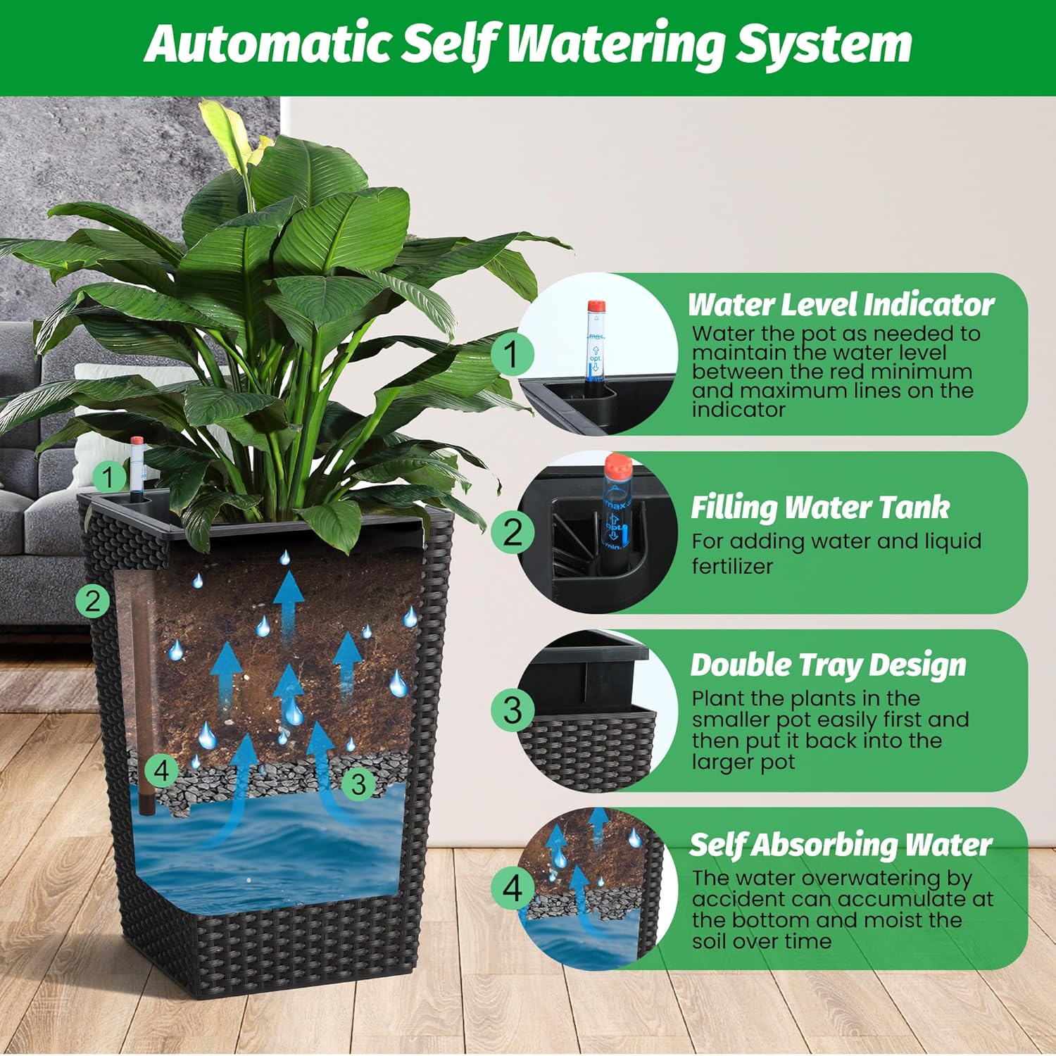 US 2PCS Tall Rattan Planter 16/22.5" Flower Pot Water Level Monitor Wheel Patio - Picture 40 of 50