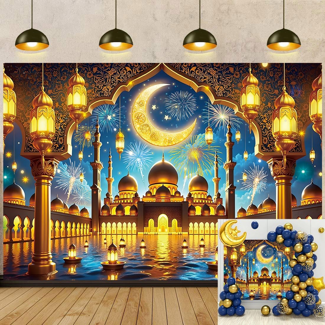 Ramadan Mubarak Backdrop Islamic Crescent Moon Starry Night Mosque Lantern Photography Background Ramadan Eid Mubarak Celebration Banner Muslim Home Party Decorations Photo Props (10x8FT)