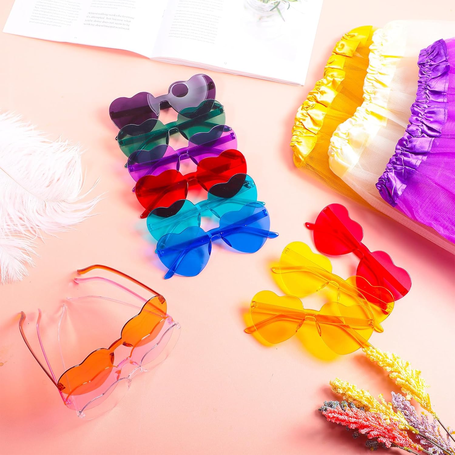 Toulite 22 Pcs Multicolor Tutu Skirts 11 Inches Length and 22 Pcs Heart Shaped Sunglasses 3 Layered Neon Ballet Skirt Tulle Dance Skirt for Princess Game Birthday Halloween Christmas Party Costume
