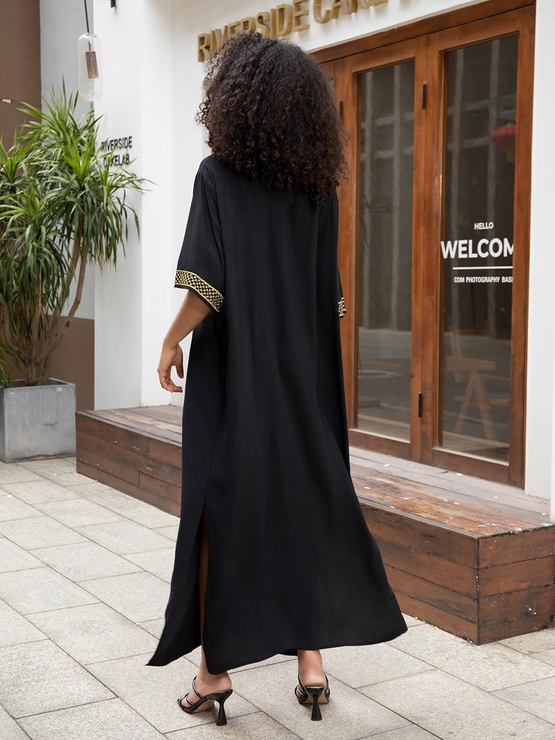 Women Golden Embroidery V Neck Moroccan Dubai Kaftan Dresses Casual Beach Wear Cover Up Side Split Long Dress Black - Image 5