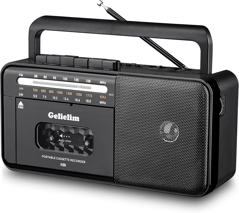 Gelielim Cassette Tape Player Bluetooth Boombox, Cassette Player AM/FM/SW Radio Stereo, Tape Player/Recorder with 8W Speaker and Earphone Jack, USB/TF Card Player, AC Powered or Battery Operated