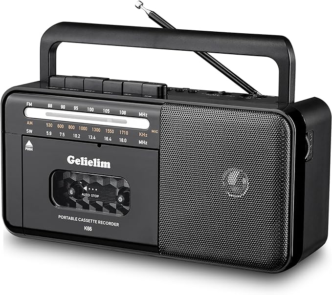 Front view of the Gelielim Cassette Boombox showing the cassette compartment, speaker grille, control dials, and buttons.