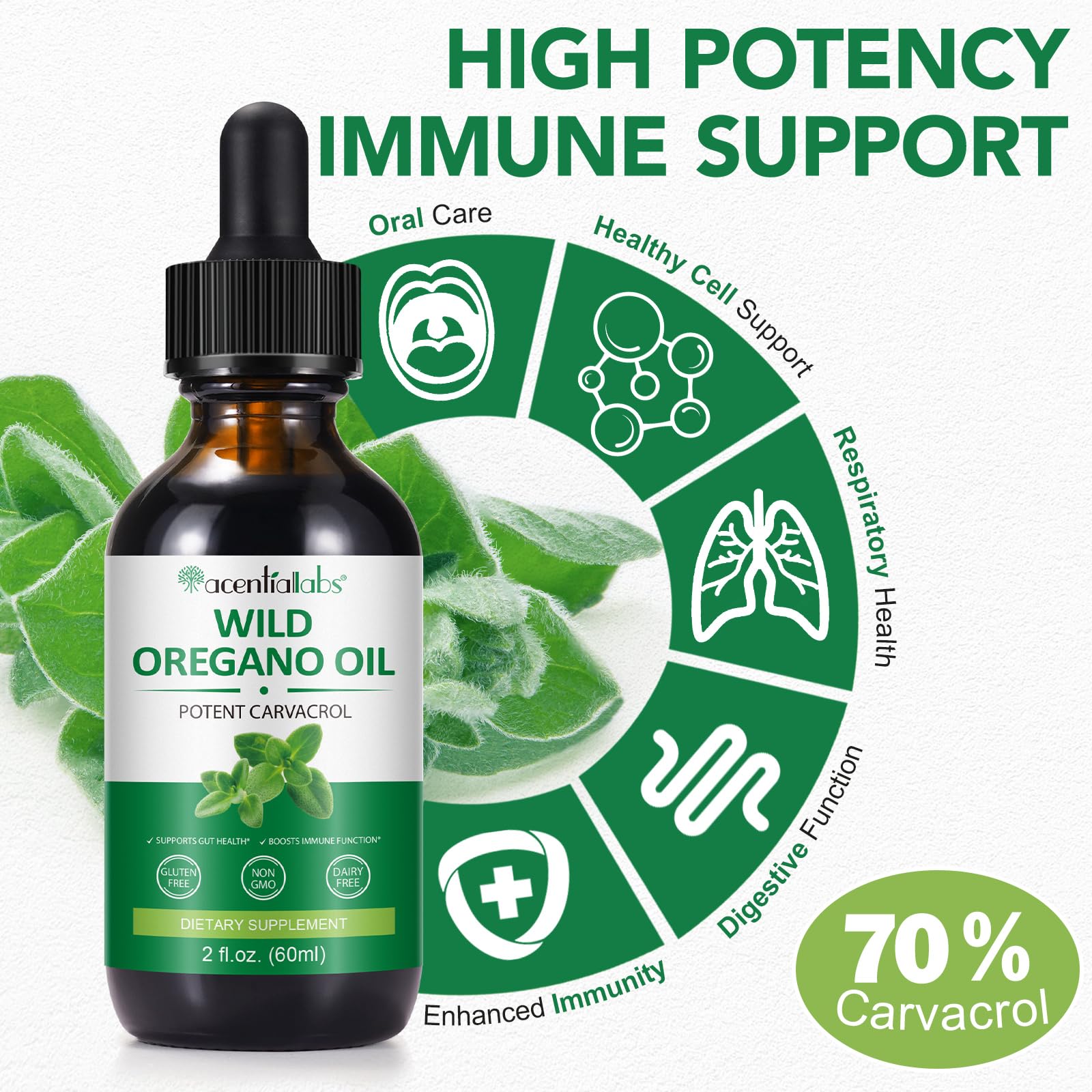 Olio di origano 60ml, Oregano oil olio di origano bio olio essenziale origano, aceite de oregano con olio d'oliva per supporto immunitario e salute dell'intestino, 100% Ingredienti Naturali, Non OGM
