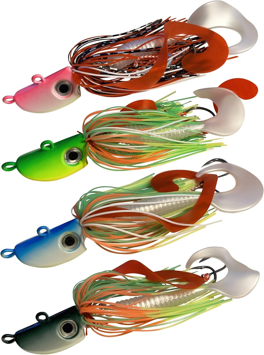 4 Bearded Bucktail Saltwater Octopus Jigs Striper, Flounder, Fluke, Bass, Bluefish, Blackfish Offshore, Surf Fishing Speed, Slow Jigging, Vertical Pitching Lures Assorted Kit