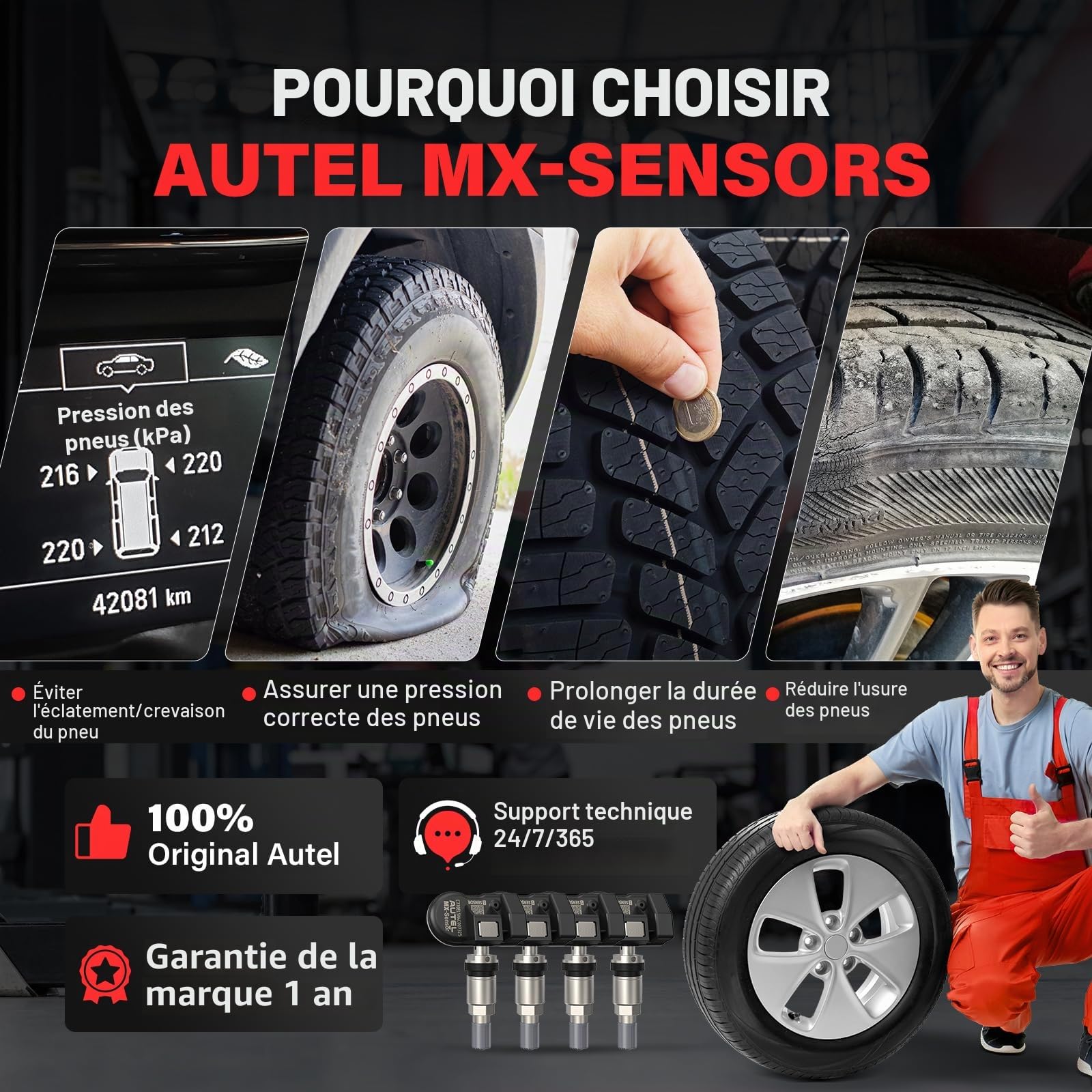 Autel TPMS Sensor MX-Capteur, Double Fréquence Capteurs TPMS pour 98% Voitures, Fonctionne avec TS408S TS508WF TS601 TS501 Pro, Niveau OE Programmable & Clonable TPMS Sensor (Valve en Métal, 4 Pièce)
