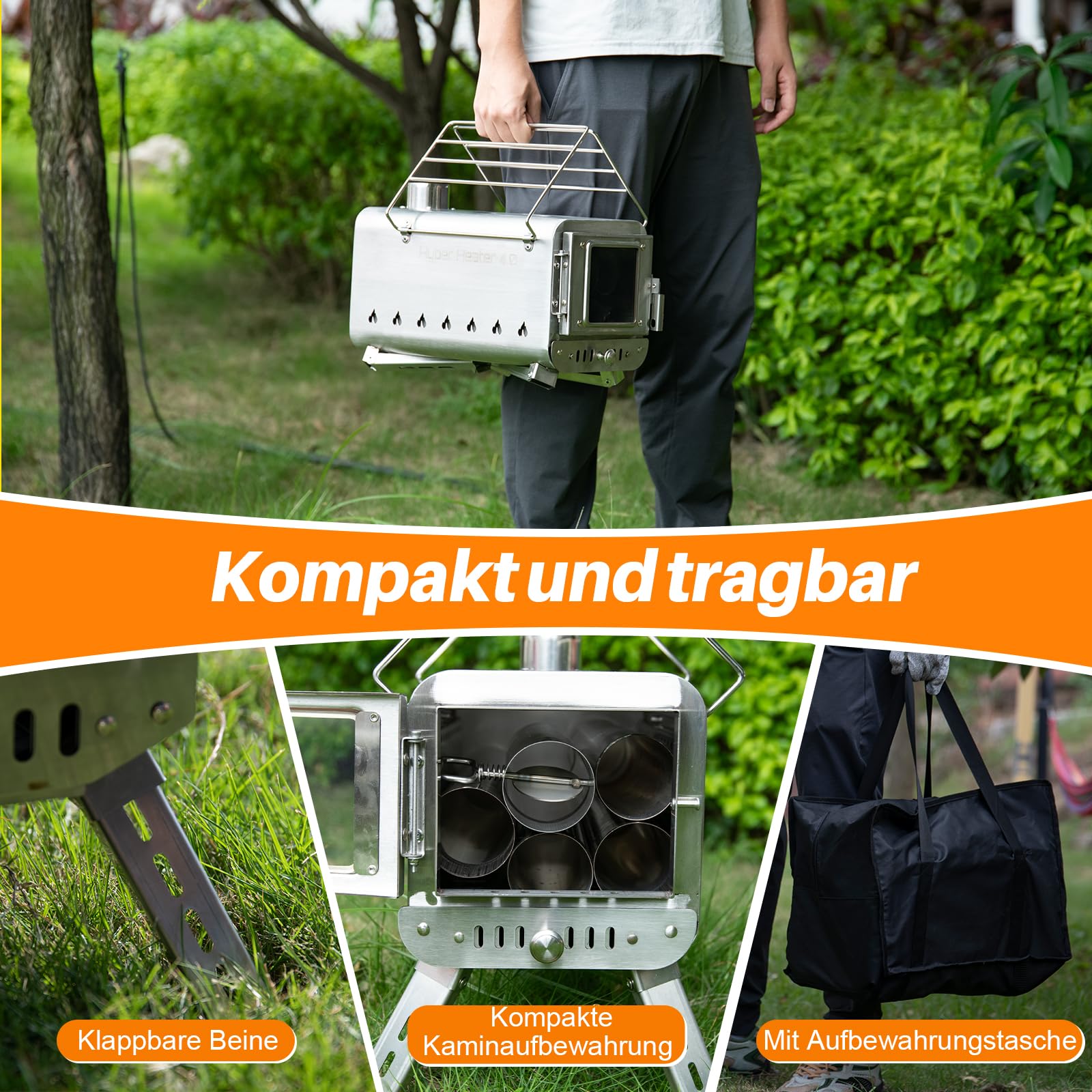 Goture Zeltofen Tragbarer Campingofen mit Sekundärverbrennung | Holzofen aus 1.5mm Edelstahl | Für Zelt, Garten, Outdoor | Mit Ofenrohr & Schutzhülle