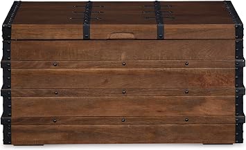 Signature Design By Ashley Kettleby Wooden Storage Box Trunk, VintageStyle Coffee Table With Hinged Top And Hidden Storage, Wood Construction With Metal Hardware For Living Room Organization, Brown