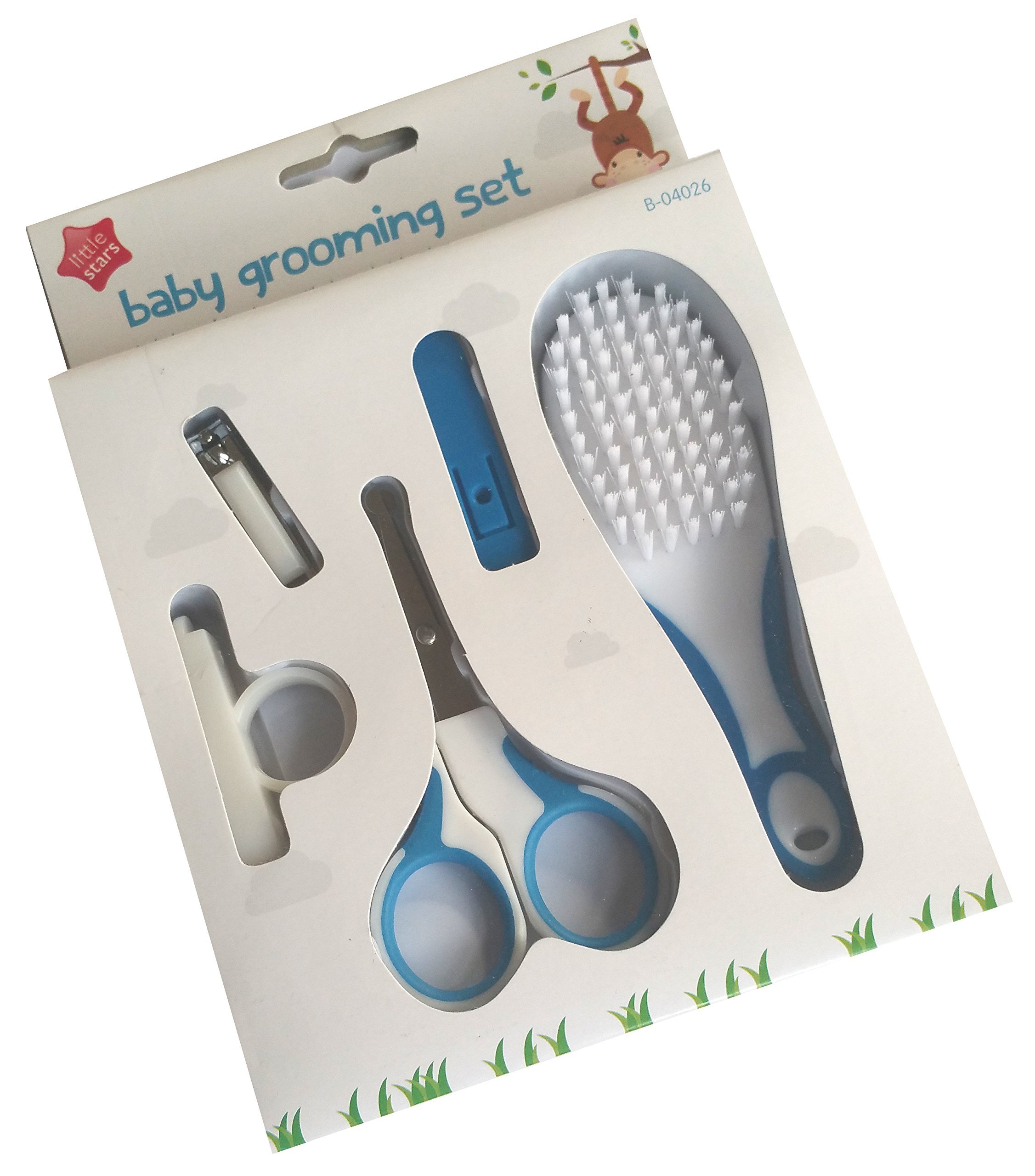 New Born Babies Manicure Set with Grooming KIT - with Safety Scissors, Nail Clippers, Soft Brush (Blue - Boys)