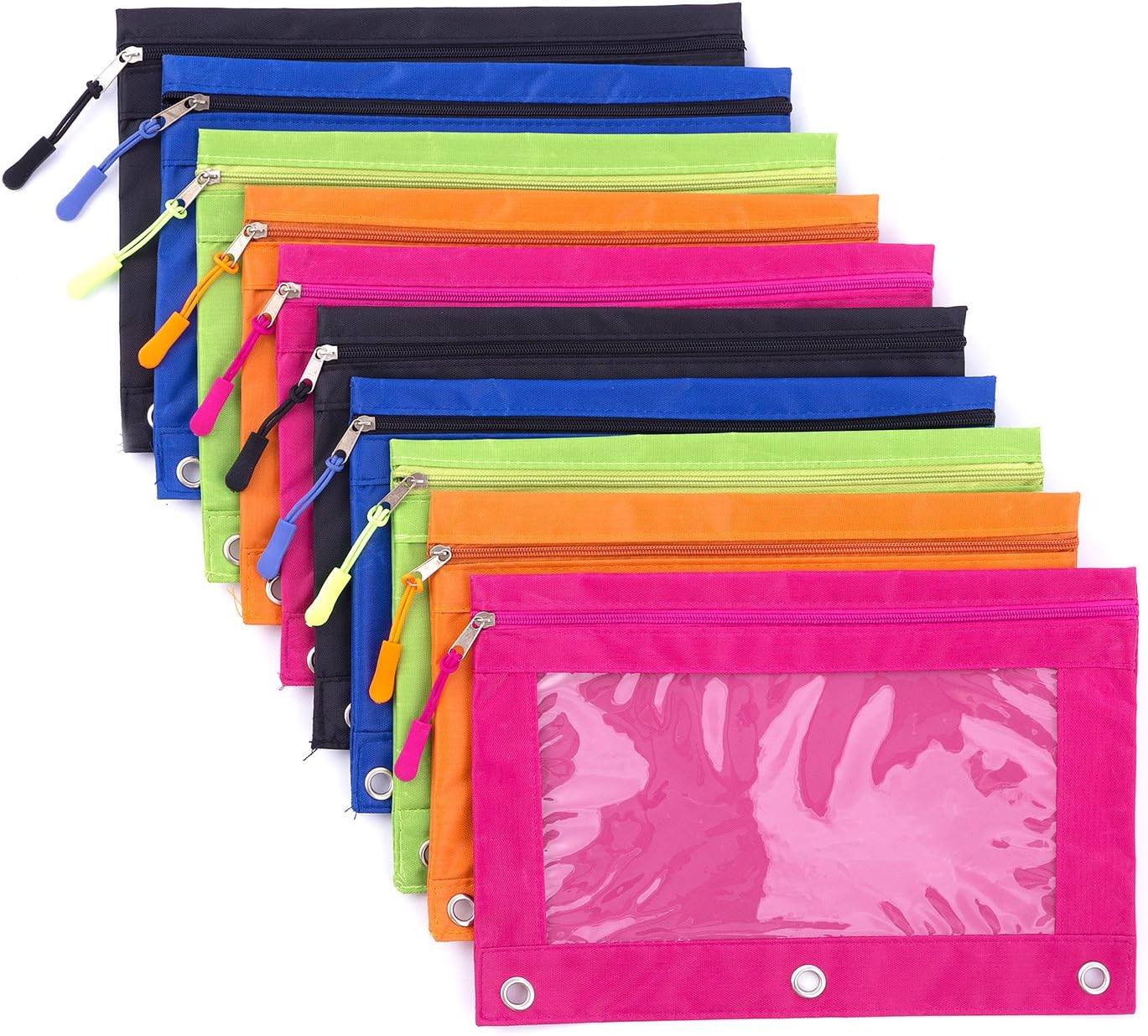 DoDoMagxanadu Binder Pencil Pouches, Pencil Pouch for 3 Ring Binder, Clear Window Zipper Pencil Case Bluk 10 Pack 5 Colors for Office School College Supplies