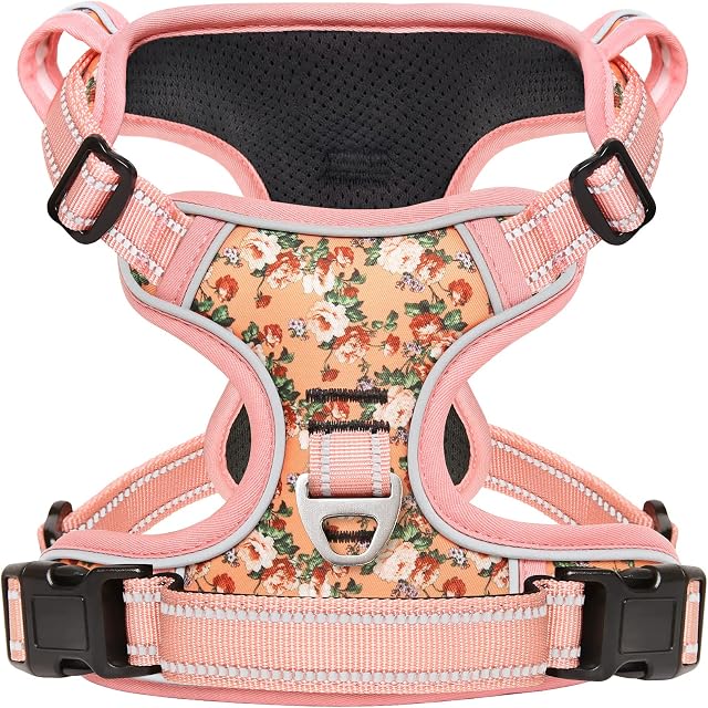 HEELE Dog Harness Dog Harness Medium No Pull Dog Vest Harness with Soft Padded Handle Dog Harness Reflective Dog Harness for Outdoor Training Walking, Flower-Orange, M