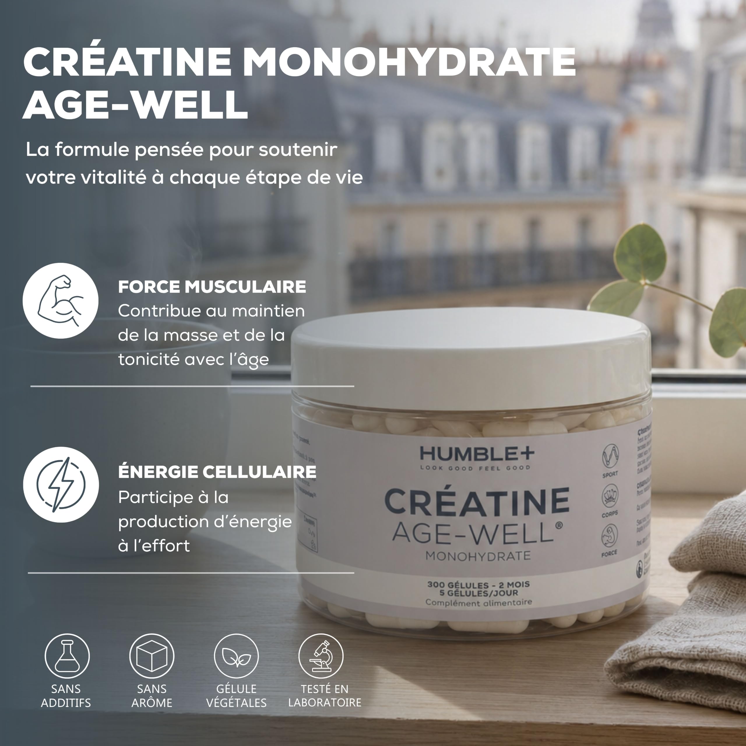 HUMBLE+ Créatine Monohydrate Age-Well® Gélules - 300 Gélules - 2 Mois | Créatine pure monohydrate, 3 g par jour, 300 gélules - Format 2 mois - Complément alimentaire - Marque Française