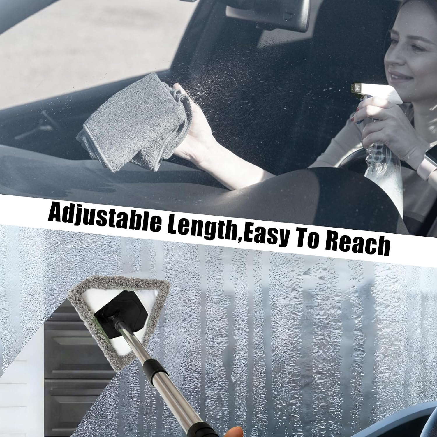 Conliwell Windshield Car Cleaning Tool, 13-16.7-inch Extendable Handle with 180-Degree Rotation and 4 Reusable Microfiber Cloth Heads, Suitable for Cleaning Car Windows Inside and Out (Black)
