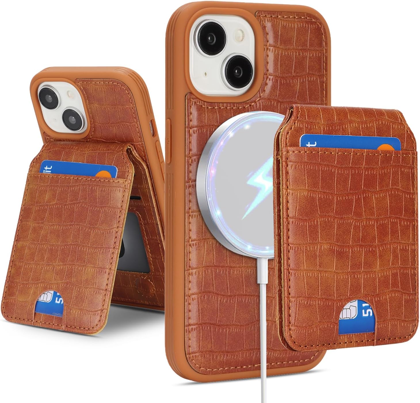 Ｈａｖａｙａ Luxury Wallet Case for iPhone 15 - Executive Faux Alligator Leather Cover, Detachable 2-in-1 Magnetic Design with Card Holder & Kickstand, Compatible with MagSafe - Vintage Cognac Brown