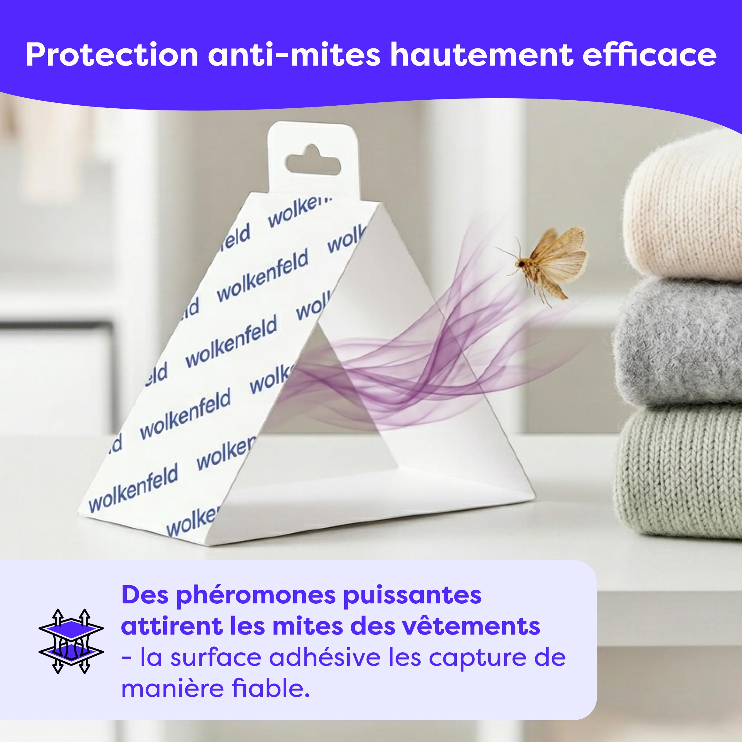 Wolkenfeld Anti Mites Textiles Piège à Mites Vêtements Adhésifs 8 Pièges Laine Cachemire 100% Naturel Fabriqué Allemagne
