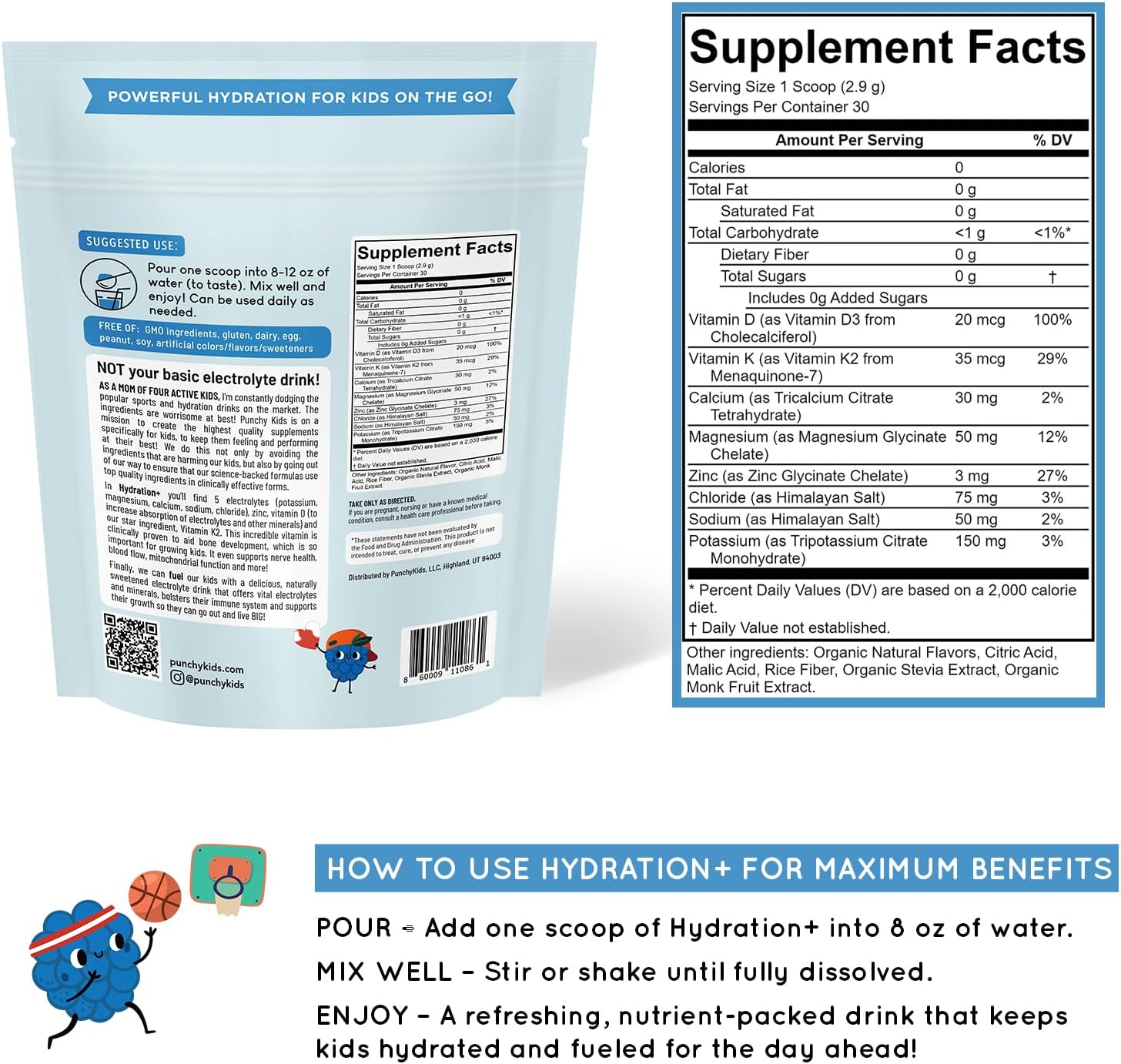 Hydration+ Electrolyte Drink Mix for Kids – Zero Sugar, Immune & Bone Support with Vitamin D, Zinc & K2 – Blue Raspberry Powder Scoop - Image 7