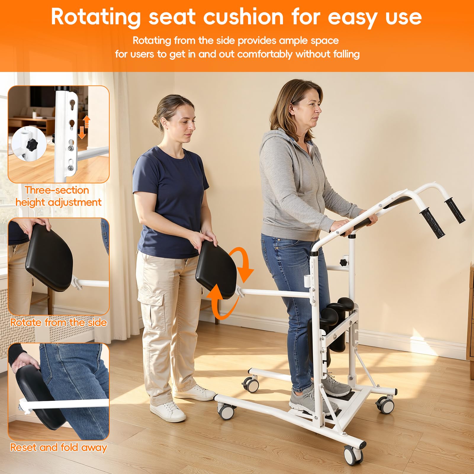Silla de transferencia de elevación para pacientes sentados y de pie, silla de transferencia de ayuda para ancianos con ruedas bloqueables, almohadillas acolchadas para reposamuñecas, marco de acero